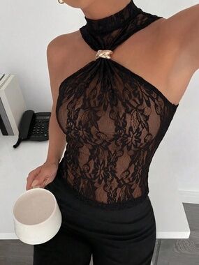SHEIN Siren Gaze Black See-Through Lace Camisole | Small (S)